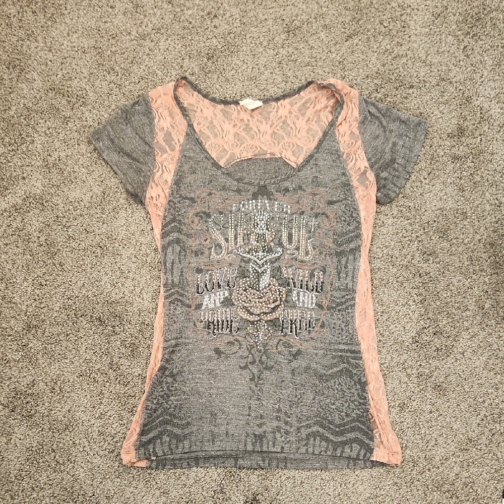 Gray and Pink Lace Women's Top